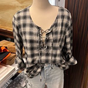 Karen Kane plaid lace up top